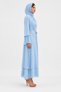 2026 Ladies Long Floor Length Full Sleeve Double Layer <b>Belted</b> <b>Abaya</b> Plain Polyester Chiffon Caftan Women Wear - Product Image 3