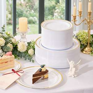 Ensemble de 100 assiettes élégantes à bordure dorée pour mariage, vaisselle jetable en plastique, assiettes de service pour fête - Product Image 1