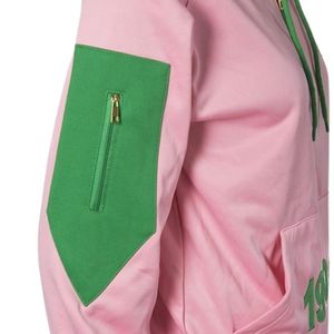 Sudadera con Capucha Rosa Q Zip con Detalles Gráficos Verdes, Sudadera de Felpa de Algodón de Manga Larga Informal para Mujer - Product Image 5