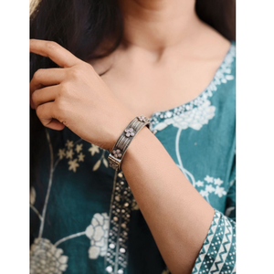 Oxidized <b>Silver</b> Bangle <b>Bracelet</b> for Women Vintage Ethnic Tribal <b>Cuff</b> with Pink Stone Floral Design Indian Jewelry - Product Image 4
