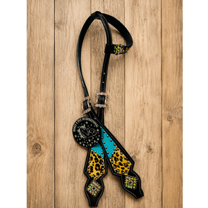 Conjunto de cabezada de una oreja y pechera de cuero negro estilo western para caballo, con estampado de leopardo, pedrería turquesa y conchos, cómodo. - Product Image 2