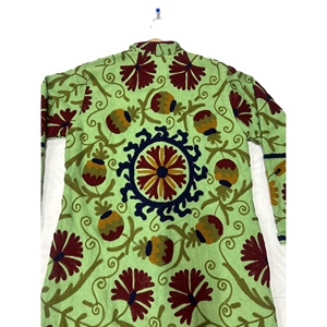 Suzani Hand Embroidery Reversible Mandarin Collar <b>Long</b> <b>Jacket</b> <b>Men</b> Women Green Floral Design Custom Logo 100% Cotton Spring XL - Product Image 4