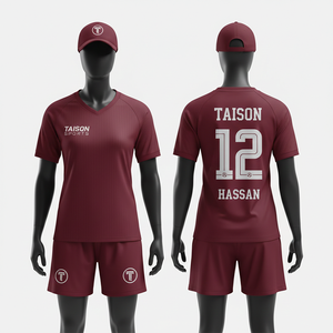 Maillot de foot pour femme, 180 GSM, polyester premium interlock, bordeaux, col en V, impression personnalisée par transfert thermique - Product Image 6