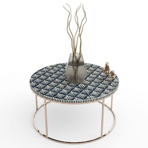 Mesa de Centro Redonda con Incrustaciones de Hueso, Diseño Geométrico Moderno con Rayas, Base de Metal Dorado, Hecha a Mano, Estilo Boho para Sala de Estar - Product Image 1
