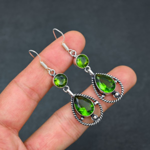 Customised Lab-Created <b>Green</b> Peridot Gemstone 1.90" Inch Pear Bezel Setting Sterling Silver Plated Luxury Wedding <b>Earrings</b> - Product Image 2
