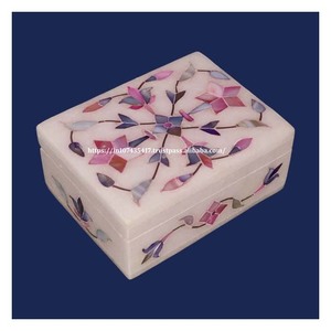 Coffrets cadeaux de bijoux en nacre de marbre blanc fabriqués à la main mélange artisanat en pierre bleue rose avec incrustation de velours petits cadeaux en pierre - Product Image 2