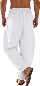 Men's Cotton Linen Ankle <b>Pants</b>, <b>Summer</b> Casual Loose Fit Beach Trousers with Elastic Waist Drawstring & Deep Pockets - Product Image 2