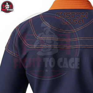 Bon Fournisseur – Tenue d'arts martiaux BJJ personnalisée, légère et respirante, avec imprimé contrastant bleu marine et bordure orange de sécurité - Product Image 4