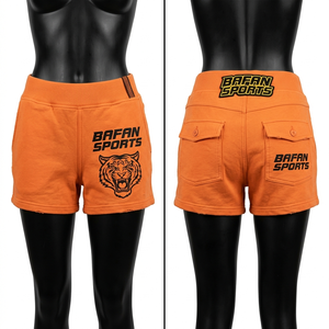 Shorts de felpa de algodón premium de 280 GSM para mujer, color naranja, tela suave y elástica, logotipo impreso, shorts deportivos personalizados para mujer. - Product Image 2