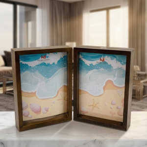 Cadre double en bois artisanal - Présentoir photo minimaliste à double charnière - Décoration intérieure sur le thème de la plage - Product Image 1