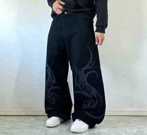 Men's Black Wide Leg <b>Jeans</b> With Embossed Pattern <b>Elastic</b> Waist Street Style Canvas Pants Breathable Midweight Autumn Wear - Product Image 1