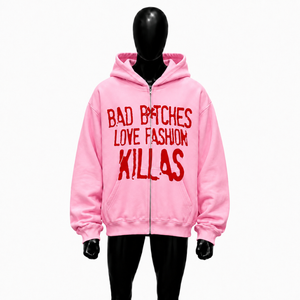 Pink Oversized <b>Zip</b> <b>Up</b> <b>Hoodie</b> Red <b>Graphic</b> Print Unisex Streetwear Fashion Full Zipper Hooded Sweatshirt For Men Women Casual Wear - Product Image 1