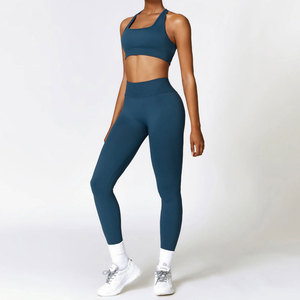 Solid <b>Seamless</b> 2-Piece Women Activewear Set Mid Waist <b>Leggings</b> Sports Bra Crop Top Full Length Racerback Yoga Gym Wear - Product Image 6
