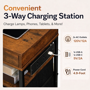 ELVROGEST SA Industrial Nightstand with Wireless Charging Station, 3 Drawers, USB Ports, Rustic Wood <b>Bedside</b> <b>Table</b> Storage - Product Image 3