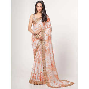 Impresionante Sari de fiesta de organza con estampado floral blanco con blusa - Product Image 2