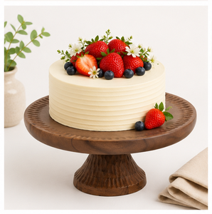 Handcrafted Natural Wood <b>Cake</b> <b>Stand</b> Round Pedestal Dessert Display Platter With Carved Scalloped Edge For Weddings And Parties - Product Image 4