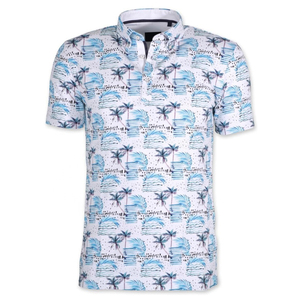 Men's Palm Tree Print <b>Polo</b> Shirt Short Sleeve Casual Woven Button Closure <b>White</b> Blue Pattern - Product Image 1