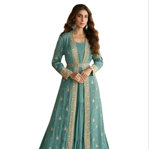 Readymade Elegant Chinon Silk Crush 3 Layer Gown Embroidered Sequence <b>Work</b> with <b>Belt</b> for Women for Wedding and Summer/Autumn - Product Image 1