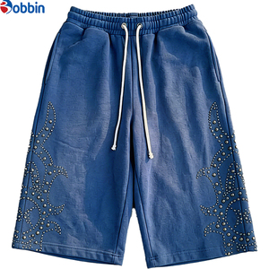 New Arrival <b>Men's</b> Capri Pants Streetwear Custom <b>Men's</b> Heavyweight Cotton Metal Studs Acid Wash Cropped Sweatpants <b>3</b>/<b>4</b> Mid <b>Length</b> - Product Image 1
