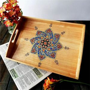 Ensemble de plateaux de service en bois faits à la main avec poignées en jute et décorations artistiques turques imprimées en émail, plateau décoratif en bois pour la décoration de table basse - Product Image 5