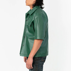 Chemise en cuir véritable pour homme à manches courtes avec logo personnalisé OEM, col rabattu, style streetwear hiver, poche en cuir - Product Image 6