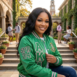 varisty sorority AKA green pink Satin Bomber Jacket Greek Letters Windproof AKA Bomber Jacket lady crops jackets - Product Image 4