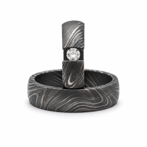 Ensemble de bagues en acier damas faites à la main par Jexmoo avec boîte à bagues, cadeau parfait pour papa, mari, petit ami - Product Image 1