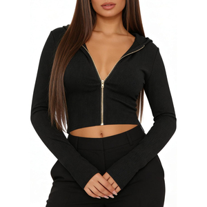 Haut court à capuche en maille noire pour femme, manches longues, fermeture éclair, couleur unie, respirant, pour l'automne, pull à manches longues OEM ODM - Product Image 3