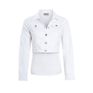 Veste en jean blanche pour femme, manches longues, col rabattu, fermeture boutonnée, longueur courte, couleur unie, en coton, pour le printemps - Product Image 3