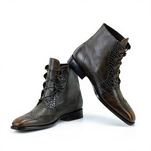 Bottes à lacets pour hommes en cuir véritable, style brogue à bout ailé, gaufré crocodile, vintage, formelles, pour affaires, style classique - Product Image 1