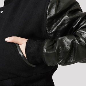 Women’s Custom Varsity Jacket With Leather Sleeves Classic Letterman Bomber Jacket Snap <b>Button</b> Closure Ribbed Collar & Cuffs - Product Image 5