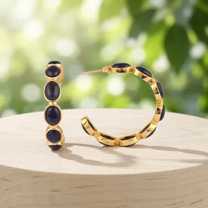 Pendientes de aro de sodalita chapados en oro de 18k con cabujón de piedra preciosa para mujer, pendientes minimalistas de moda para boda. - Product Image 1