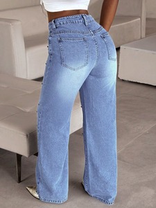Jean en denim pour femme, taille mi-haute, coupe droite large, 100% coton, séchage rapide, respirant, fermeture boutonnée – Meilleures ventes hiver - Product Image 6