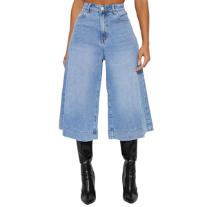 Jean en denim délavé léger pour femme, coupe large, taille haute, décontracté, ample, longueur complète, classique, cinq poches, bleu tendance - Product Image 1