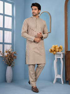 <b>Mens</b> Beige Cotton <b>Kurta</b> Pajama Set Stylish Thread Work Tassel Detail Indian Traditional Festival Outfit Wholesale B2B Custom - Product Image 1