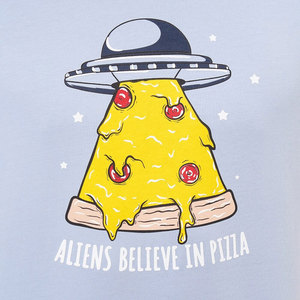 Camiseta de Manga Corta para Hombre, Color Azul Claro, Cuello Redondo, con Estampado de Pizza Alienígena, Corte Regular Informal, 100% Algodón Jersey - Product Image 6
