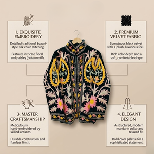 Chaqueta de Terciopelo Negro Bordada con Cuello Alto y Diseño Floral, Forro de Algodón, Bolsillos Laterales, Ropa de Invierno para Mujer - Product Image 5