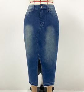 Jupe crayon en jean taille haute longueur mi-mollet avec fente avant pour femme - Product Image 1