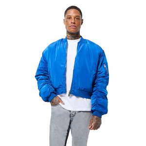 Men's Blue Bomber Jacket Solid Color Zipper Closure Casual Windproof Polyester Outerwear Autumn Wear - Product Image 4