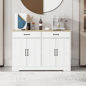 47.95 White Farmhouse Buffet Cabinet 4 Door & 2 Drawer <b>Sideboard</b> for Dining Living & Kitchen Cupboard - Product Image 1