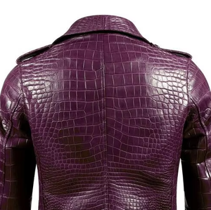 Veste en cuir PU gaufré croco violet pour homme, style motard, col rabattu, fermeture éclair sur le devant, coupe-vent, pour l'automne - Product Image 3