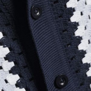 Navy Blue White Dot Pattern Men's Knitted <b>Cardigan</b> <b>Short</b> <b>Sleeve</b> Button Closure Summer Breathable Sweater - Product Image 3