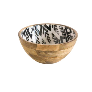 Wood Serving Bowl with <b>Grey</b> Ikat Enamel Inlay Eco-friendly Decorative Salad & Fruit Bowl for Home Decor and Farmhouse <b>Dining</b> - Product Image 1