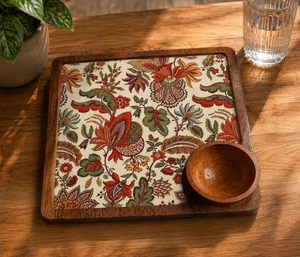 Printed Mango Wood <b>Serving</b> <b>Platter</b> Square Tray with Bowl Handmade <b>Wooden</b> Snack Appetizer <b>Serving</b> Plate for Restaurant - Product Image 4