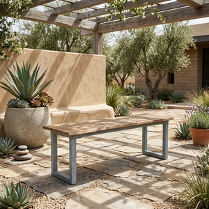Banc de patio en teck massif à bords naturels, 2 places, avec pieds en métal, design traditionnel, durable, pour l'extérieur, hôtel, cour - Product Image 3