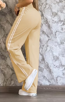 Women's Beige 2-Piece Casual Set Short Sleeve Top Side Stripe Pants Regular Fit O-Neck Solid Color Fleece Eco-Friendly Quick Dry