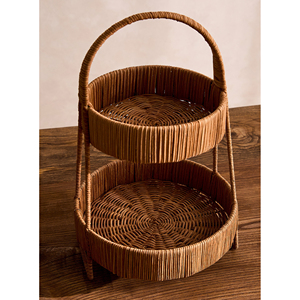 Handwoven Rattan Two Tier Serving Tray Cake Stand Dessert <b>Display</b> Stand Wicker Food Tray Rustic Kitchen Decor Organizer - Product Image 1