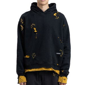 Drop Shoulder Distressed Hoodie <b>Men</b> Winter Street Style <b>Pullover</b> Hoodies <b>Men's</b> Double Layer Distress Hood Tops <b>Mens</b> - Product Image 1