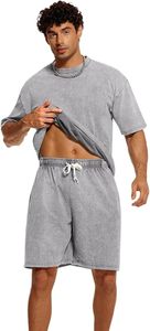 Men's Acid Wash Short <b>Sets</b> Cotton 2 Piece Outfits Tracksuit Summer Oversized Vintage Matching Shirt And Shorts <b>Set</b> - Product Image 4