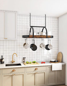 Metal with Rustic Wood Hanging Pot Rack, Pot Hanger for Kitchen, Ceiling Mounted Pot Holder, Cookware Organizer with 12 S-Shaped - Product Image 2